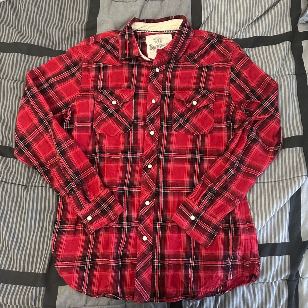 Vintage Roebuck & Co.‎ Red Plaid Pearl Snap Flannel Shirt Western Medium